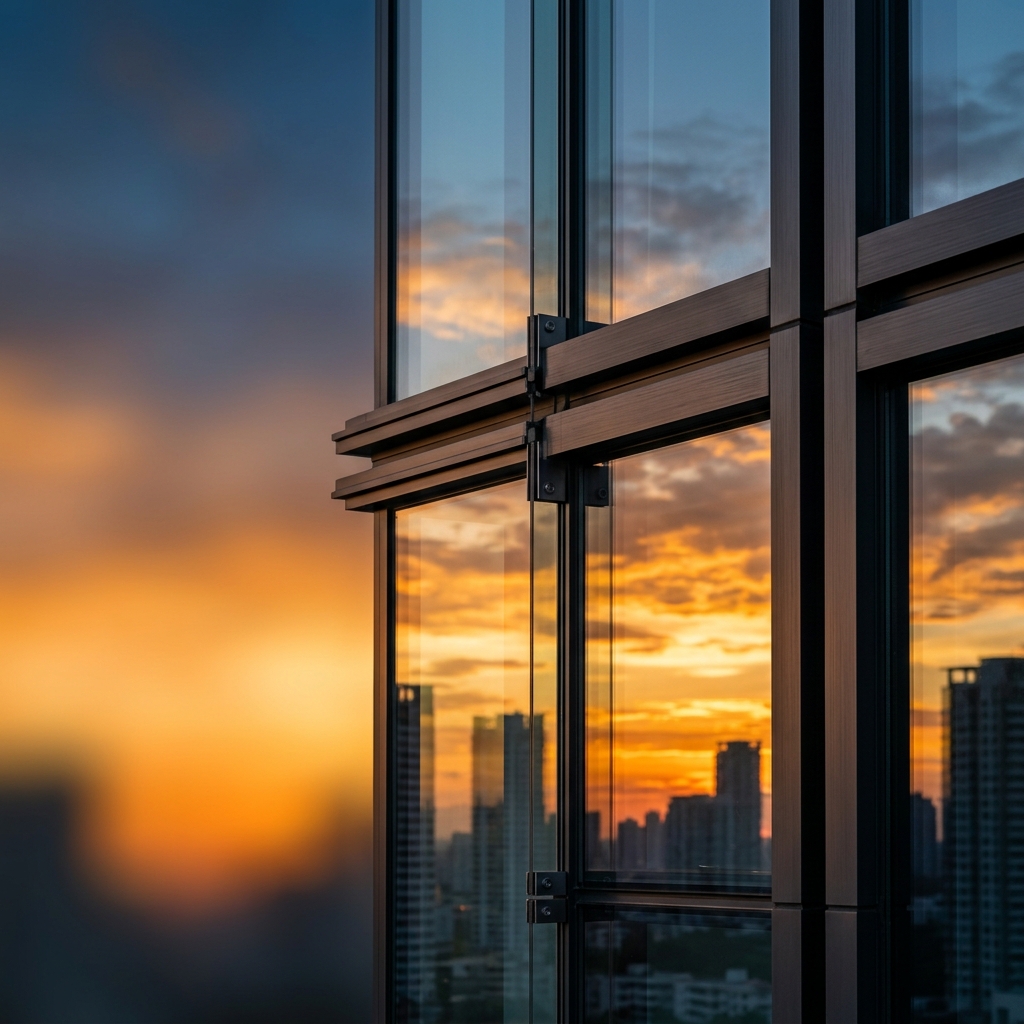 Instalación de fachada de vidrio al atardecer